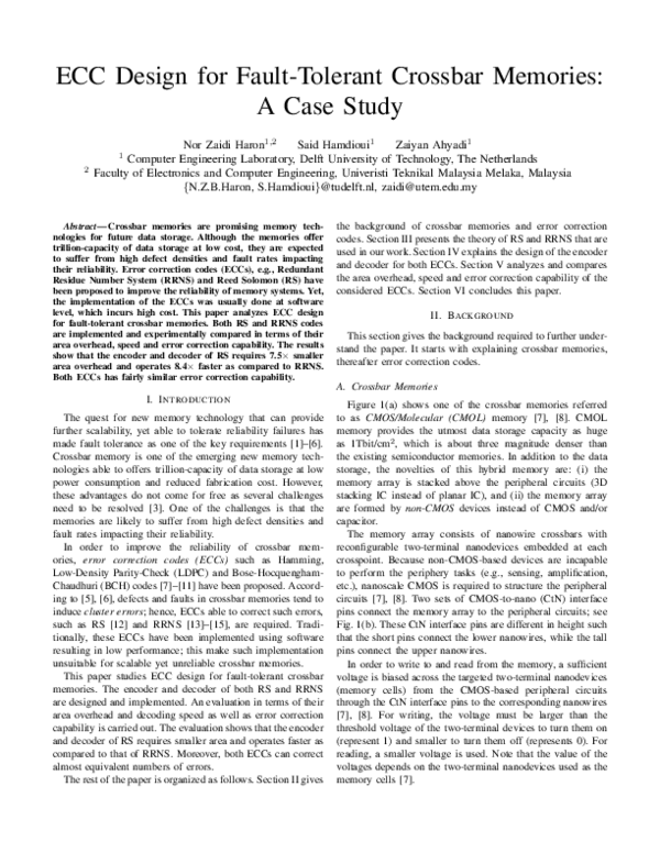 (PDF) ECC design for fault-tolerant crossbar memories: A case study