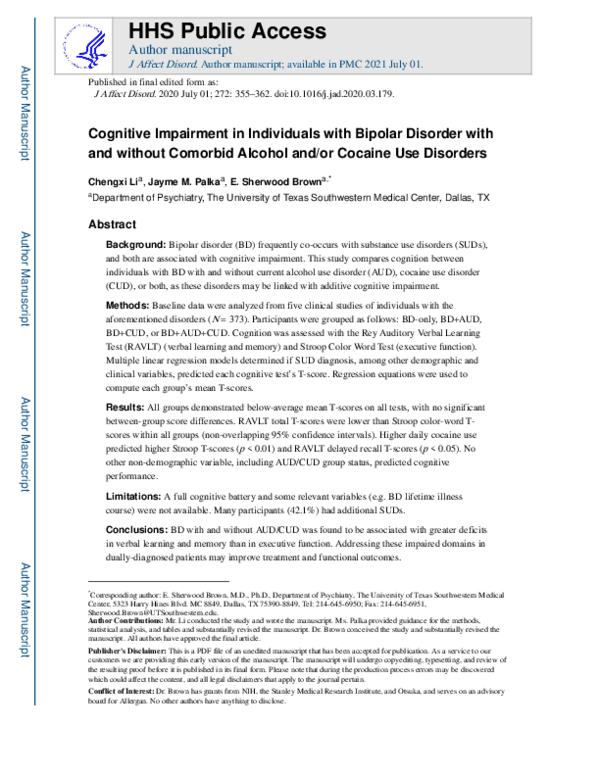 (PDF) Cognitive impairment in individuals with bipolar disorder with ...