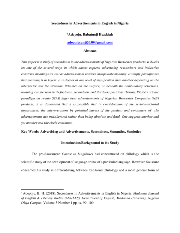(PDF) Secondness in Advertisements in English in Nigeria