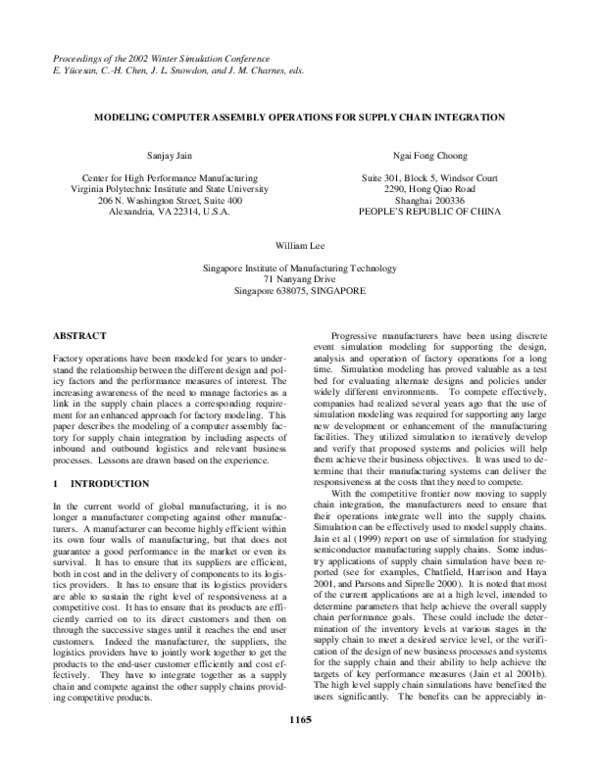 (PDF) Modeling computer assembly operations for supply chain integration