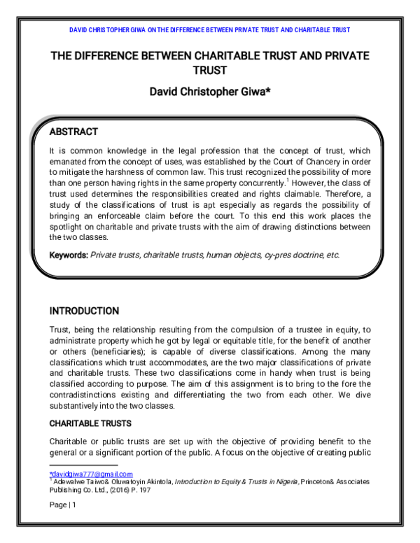 PDF) THE DIFFERENCE BETWEEN CHARITABLE TRUST AND PRIVATE TRUST