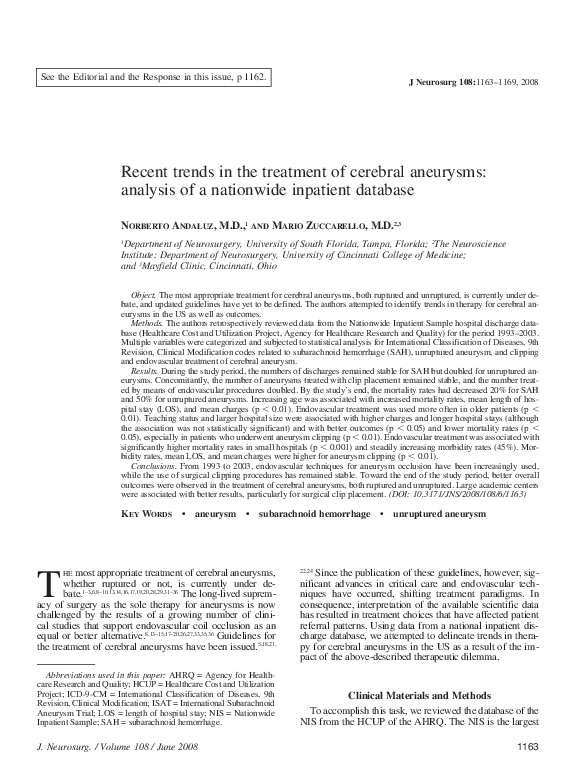 (PDF) Recent trends in the treatment of cerebral aneurysms: analysis of ...
