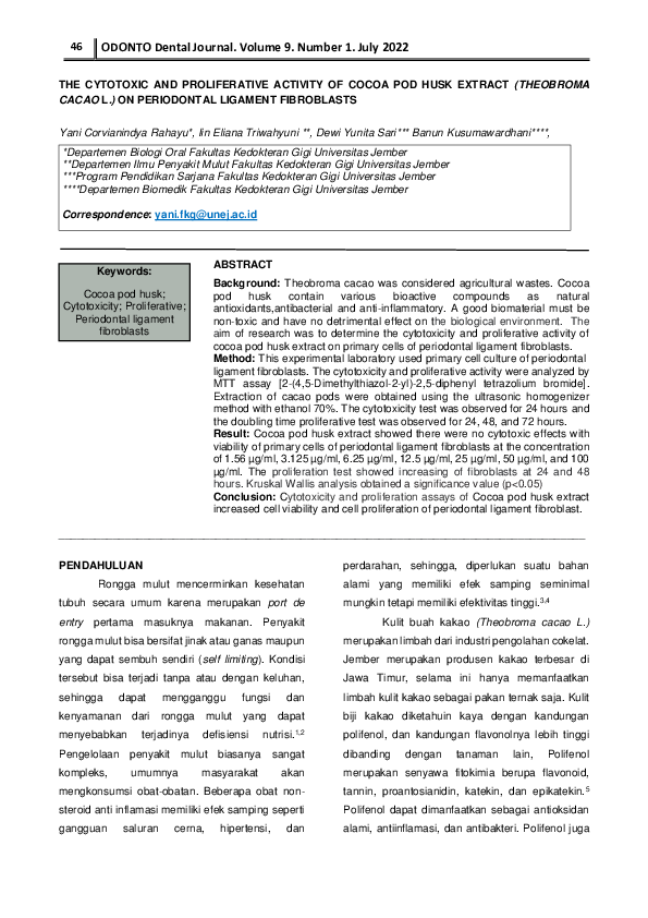 (PDF) The Cytotoxic and Proliferative Activity of Cocoa Pod Husk Extract (Theobroma Cacao L.) on