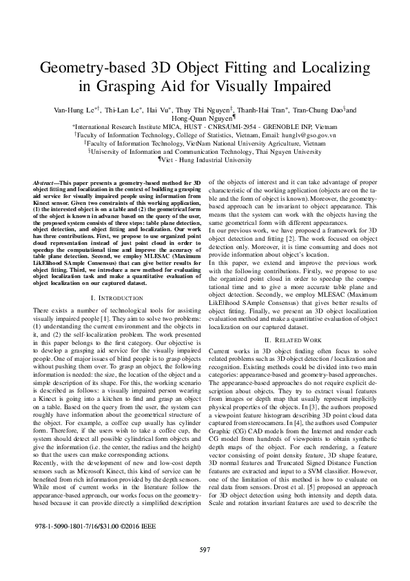 Geometry-based 3D Object Fitting and Localizing in Grasping Aid for Visually Impaired