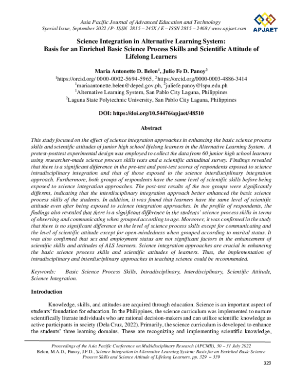 (PDF) Science Integration in Alternative Learning System: Basis for an ...