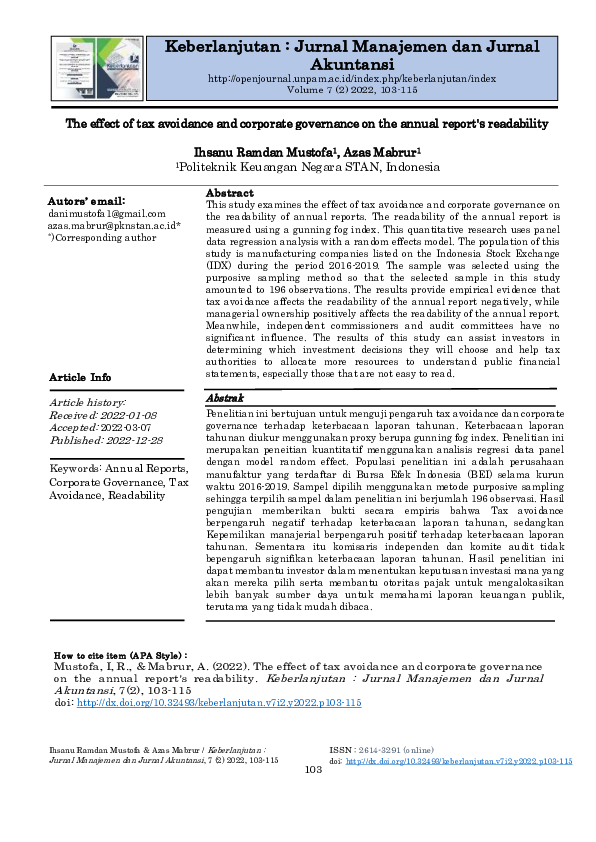 (PDF) The effect of tax avoidance and corporate governance on the ...