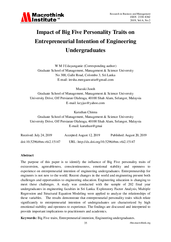 (PDF) Impact of Big Five Personality Traits on Entrepreneurial ...
