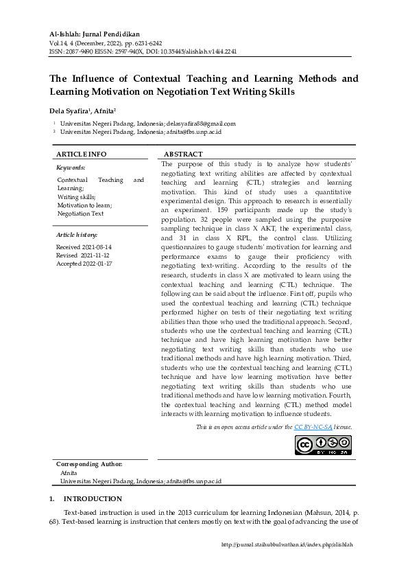 (PDF) The Influence of Contextual Teaching and Learning Methods and ...