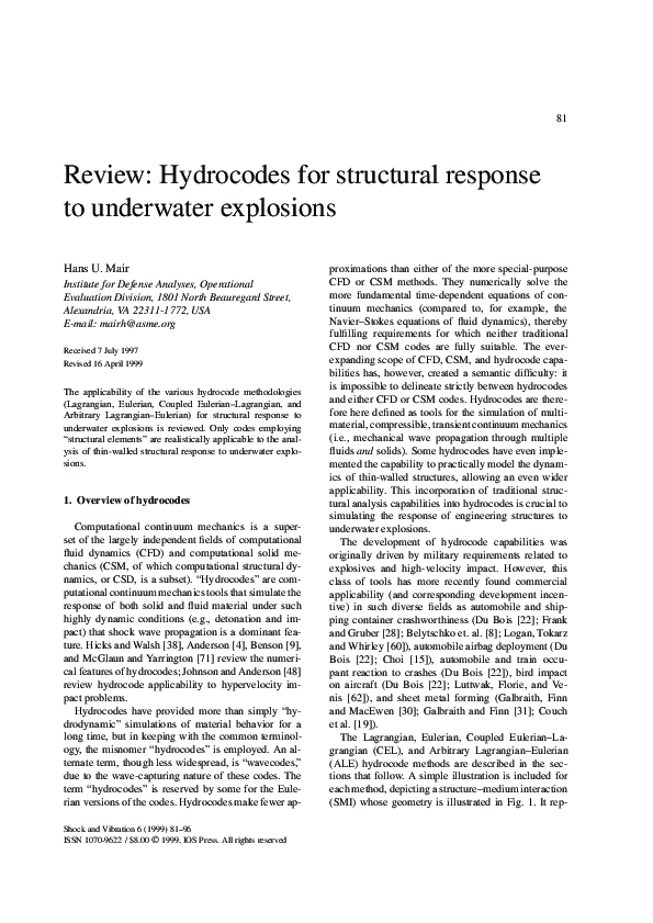 (PDF) Review: Hydrocodes for Structural Response to Underwater Explosions