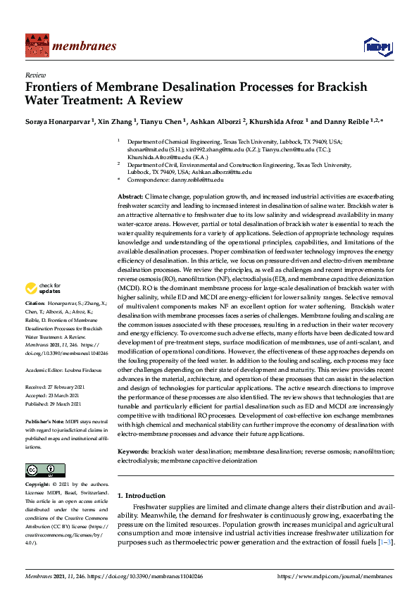 (PDF) Frontiers of Membrane Desalination Processes for Brackish Water ...