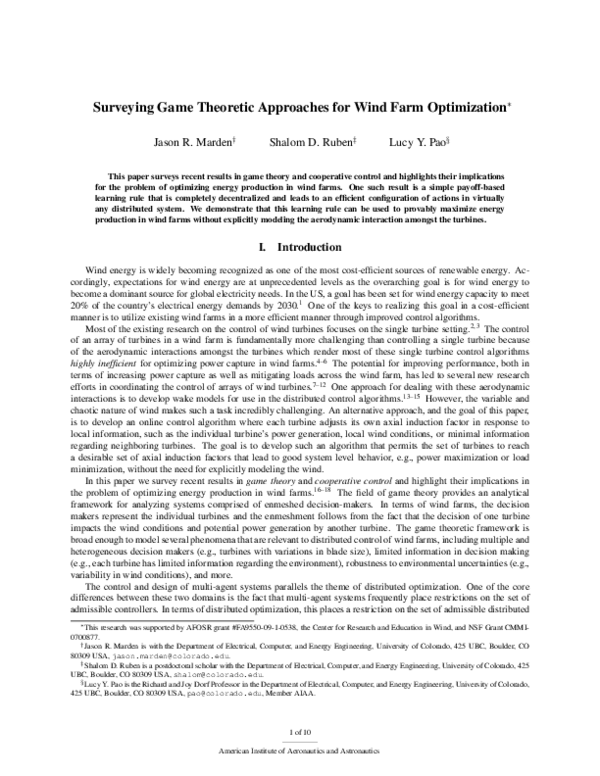 (PDF) Surveying Game Theoretic Approaches for Wind Farm Optimization