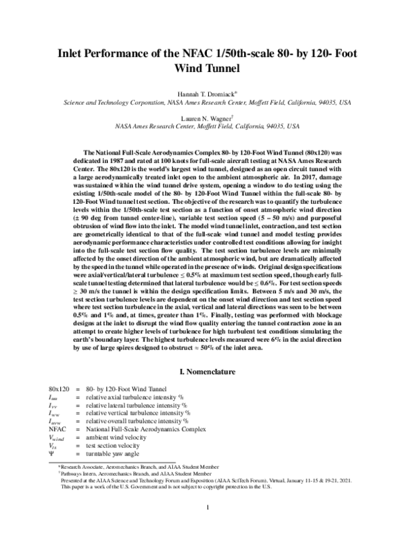 (PDF) Inlet Performance of the NFAC 1/50th -Scale 80- by 120-Foot Wind ...