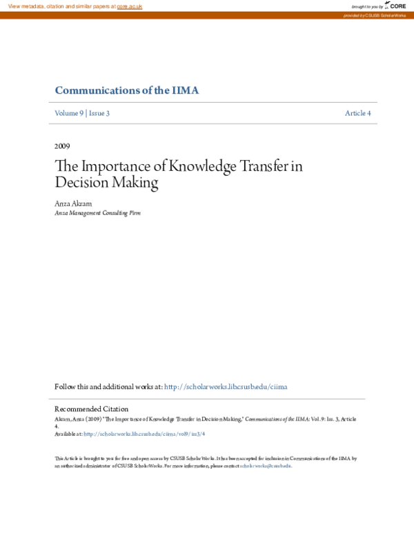 (PDF) The Importance of Knowledge Transfer in Decision Making