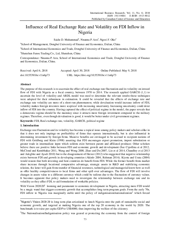 (PDF) Influence of Real Exchange Rate and Volatility on FDI Inflow in ...