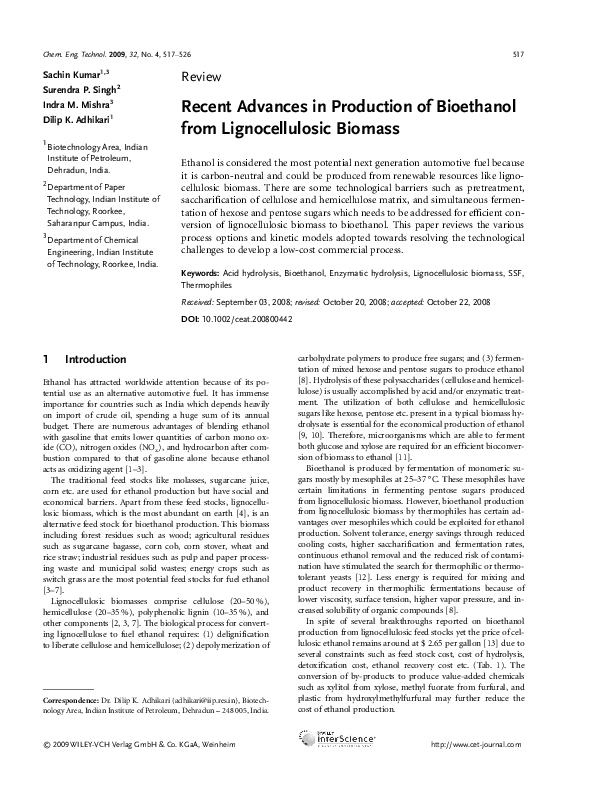 (PDF) Recent Advances in Production of Bioethanol from Lignocellulosic ...