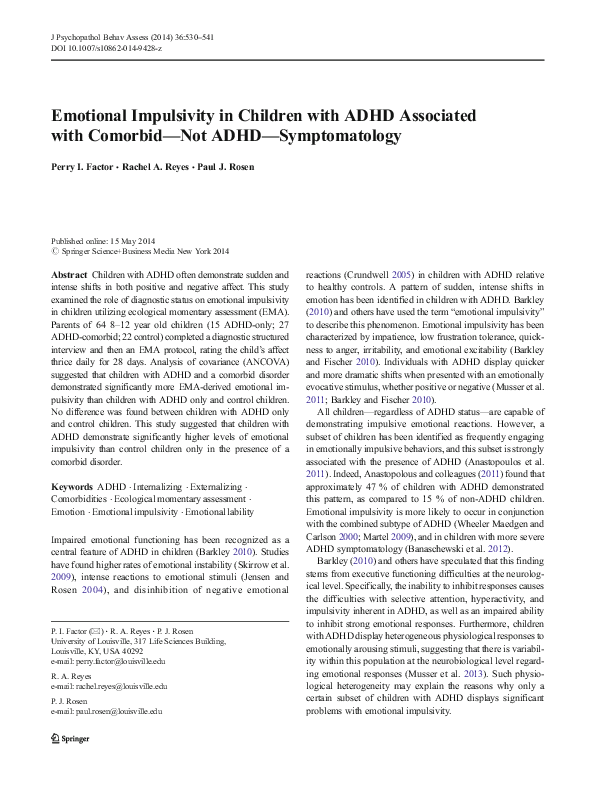 (PDF) Emotional Impulsivity in Children with ADHD Associated with ...