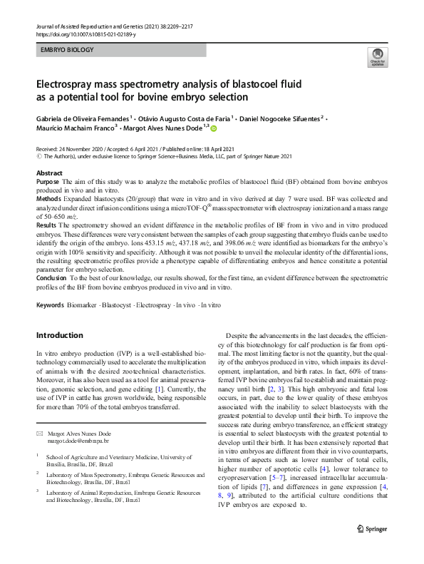 (PDF) Electrospray mass spectrometry analysis of blastocoel fluid as a ...