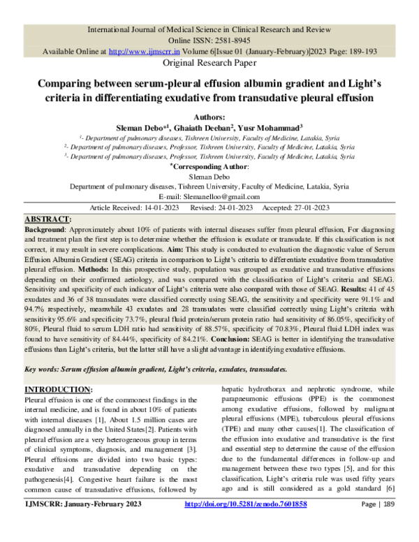 (PDF) Comparing between serumpleural effusion albumin gradient and