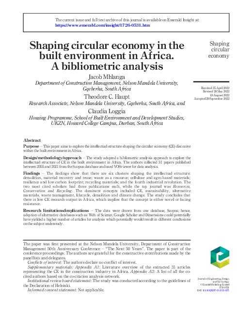 (PDF) Shaping circular economy in the built environment in Africa. A ...