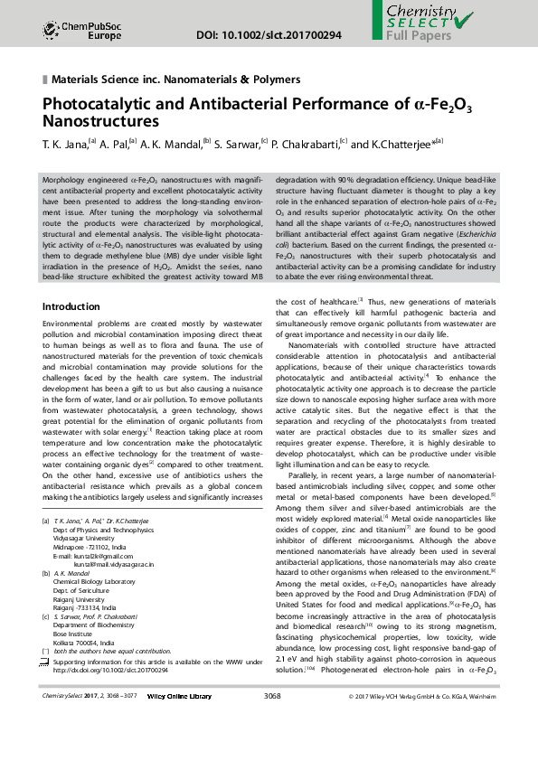 (PDF) Photocatalytic and Antibacterial Performance of α-Fe2 O3 ...