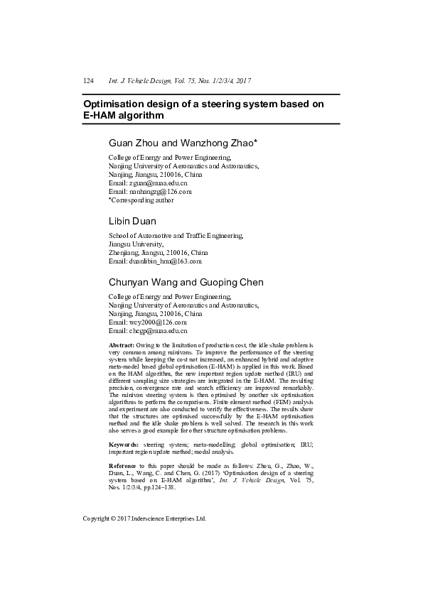 (PDF) Optimisation design of a steering system based on E-HAM algorithm