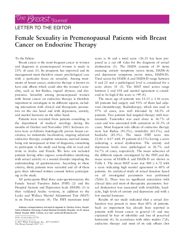 (PDF) Female Sexuality in Premenopausal Patients with Breast Cancer on ...