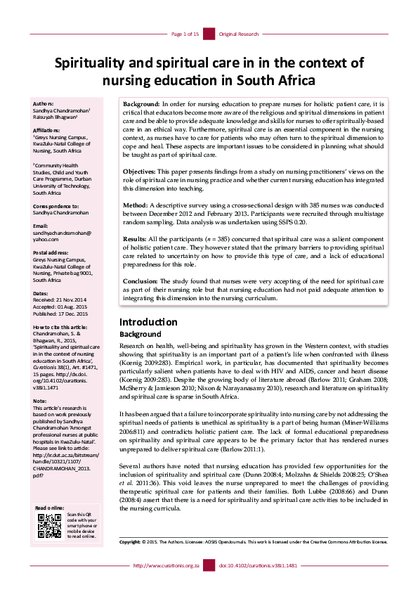 (PDF) Spirituality and spiritual care in in the context of nursing ...