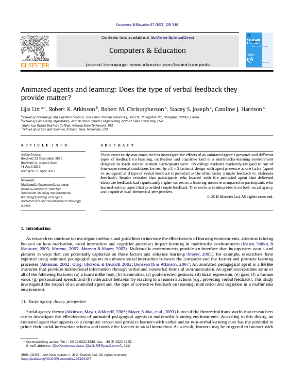 (PDF) Animated agents and learning: Does the type of verbal feedback ...