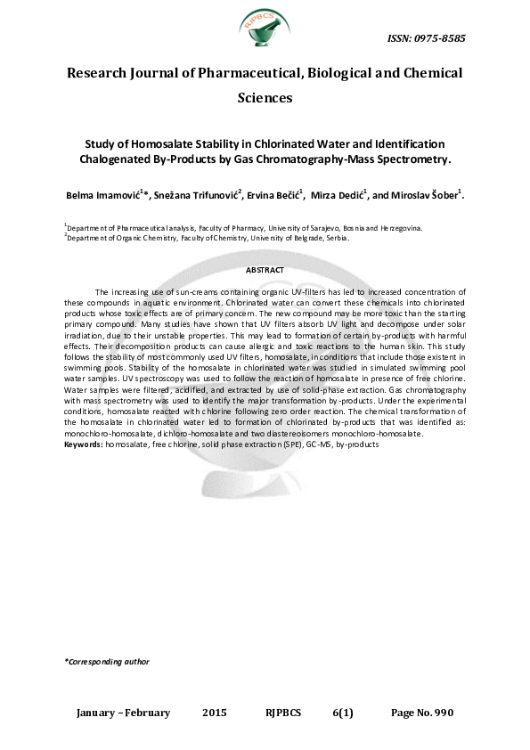 (PDF) Study of Homosalate Stability in Chlorinated Water and ...