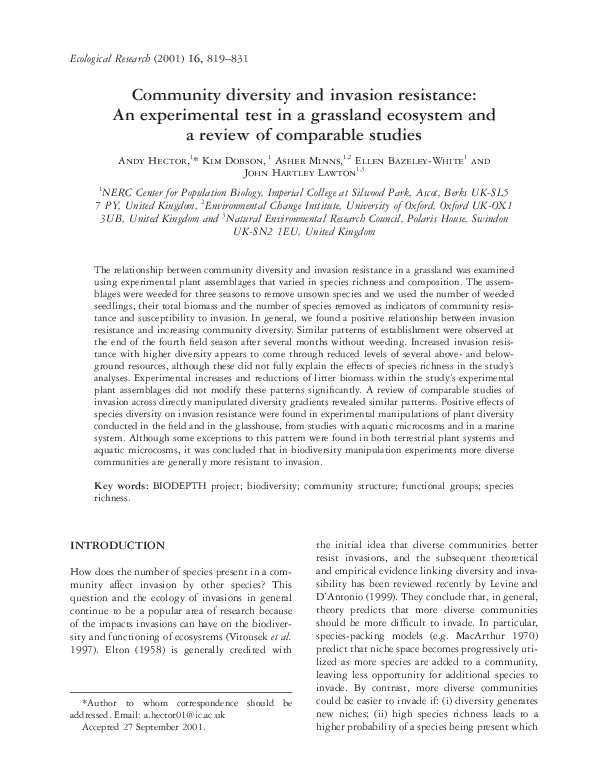 (PDF) Community diversity and invasion resistance: An experimental test ...