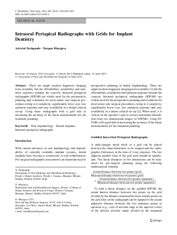 (PDF) Intraoral Periapical Radiographs with Grids for Implant Dentistry