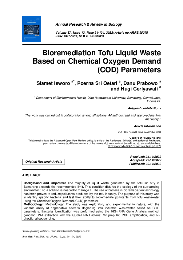 (PDF) Bioremediation Tofu Liquid Waste Based on Chemical Oxygen Demand ...