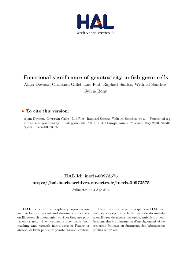 (PDF) Functional significance of genotoxicity in fish germ cells
