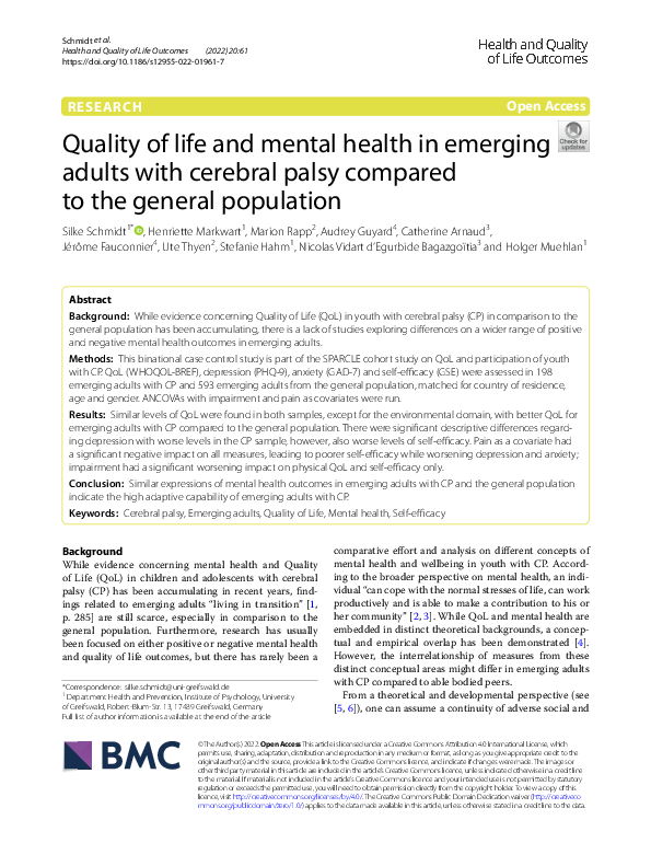 (PDF) Quality of life and mental health in emerging adults with ...