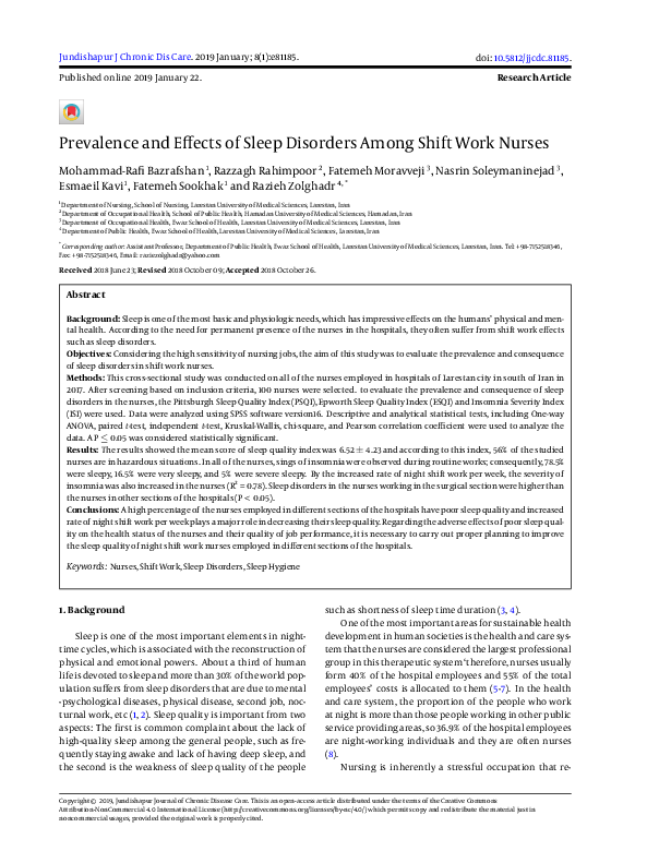 (PDF) Prevalence and Effects of Sleep Disorders Among Shift Work Nurses