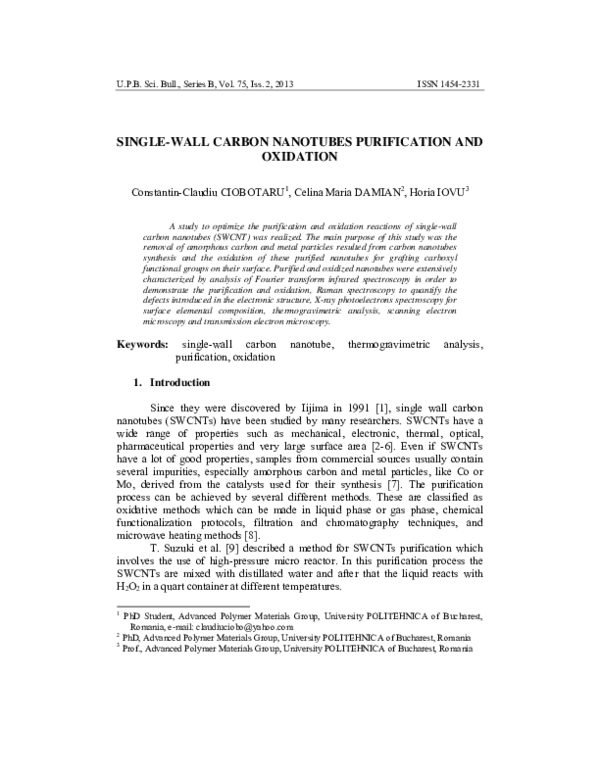 (PDF) Single-Wall Carbon Nanotubes Purification and Oxidation