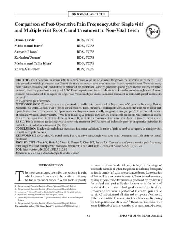 (PDF) Comparison of Post-Operative Pain Frequency After Single visit ...