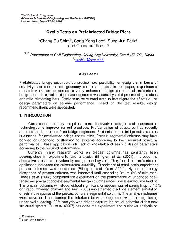 (PDF) Cyclic Tests on Prefabricated Bridge Piers