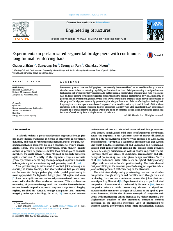 (PDF) Experiments on prefabricated segmental bridge piers with ...