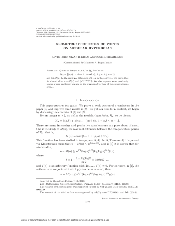 (PDF) Geometric properties of points on modular hyperbolas Mizan khan