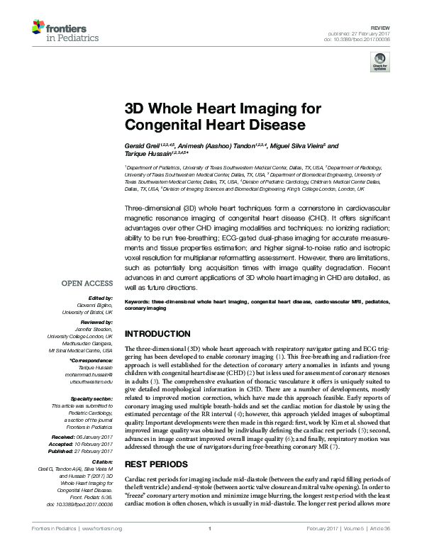 (PDF) 3D Whole Heart Imaging for Congenital Heart Disease