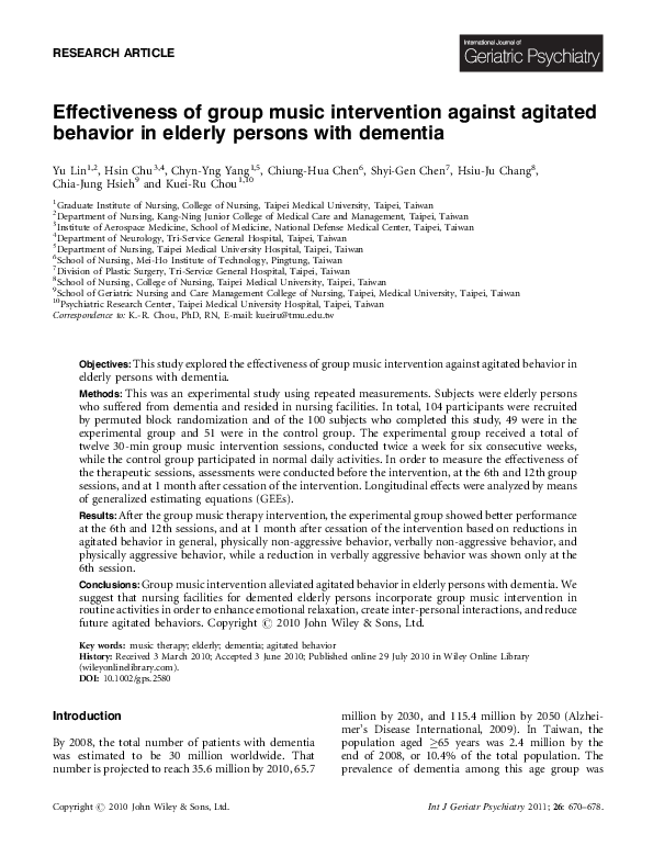 (PDF) Effectiveness of group music intervention against agitated ...