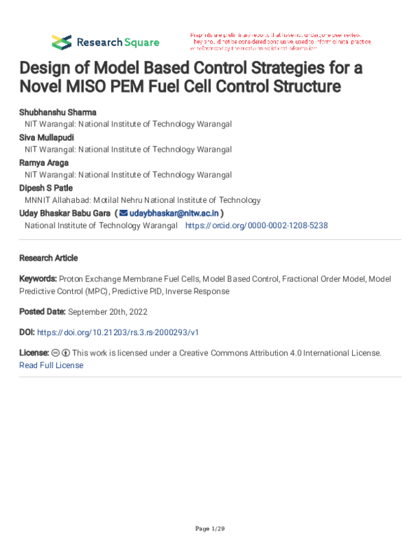 (PDF) Design of Model Based Control Strategies for a Novel MISO PEM ...