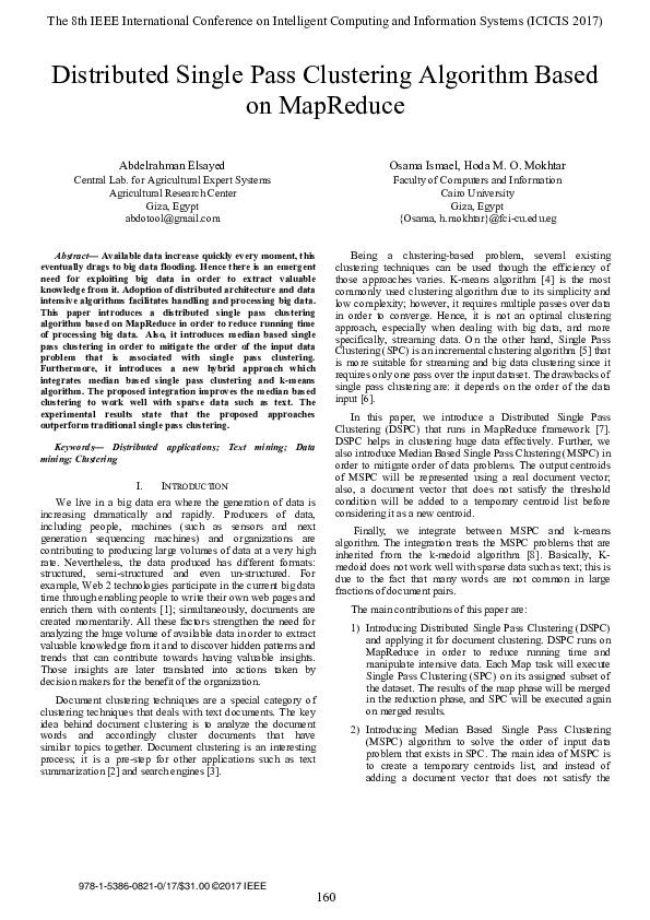 (PDF) Distributed single pass clustering algorithm based on MapReduce