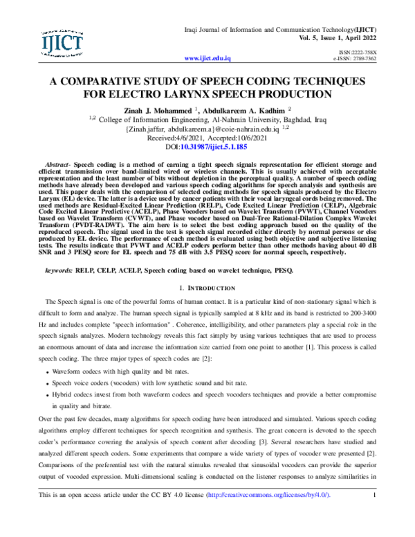(PDF) A Comparative Study of Speech Coding Techniques for Electro ...