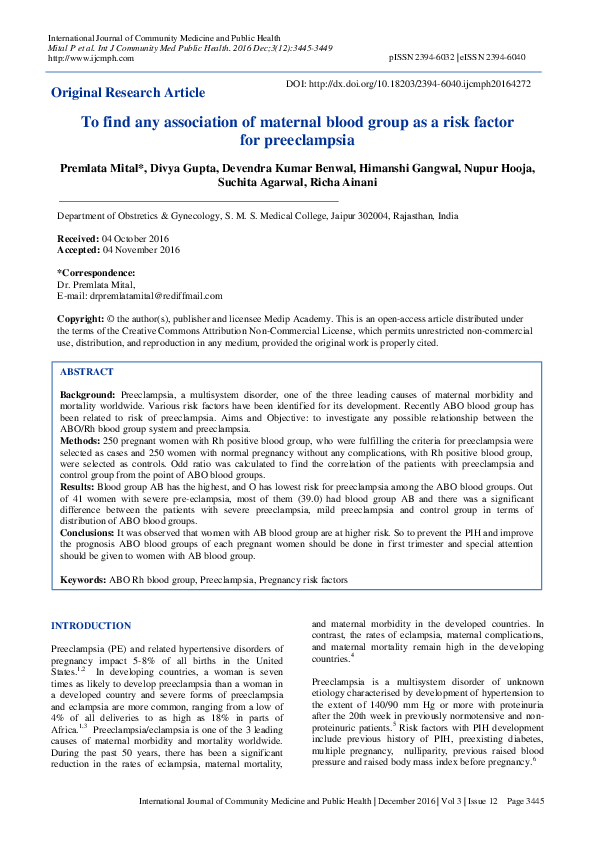 (PDF) To find any association of maternal blood group as a risk factor ...