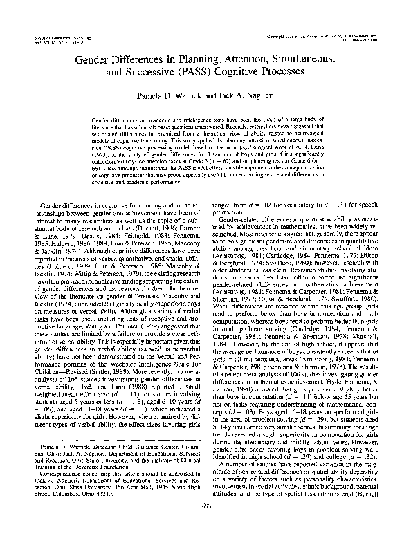 (PDF) Gender differences in planning, attention, simultaneous, and ...