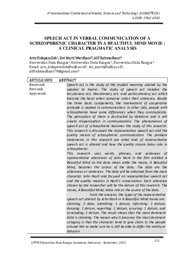 (PDF) Speech Act in Verbal Communication of a Schizophrenic Character ...