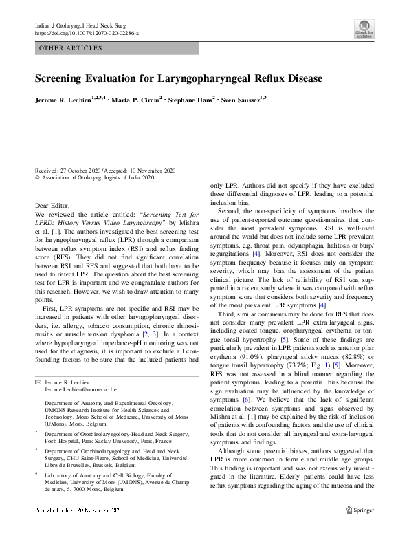 (PDF) Screening Evaluation for Laryngopharyngeal Reflux Disease