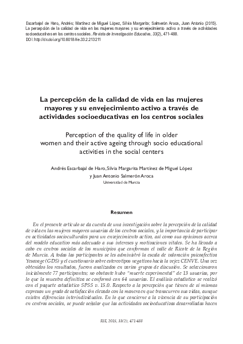 (PDF) La percepción de la calidad de vida en las mujeres mayores y su ...